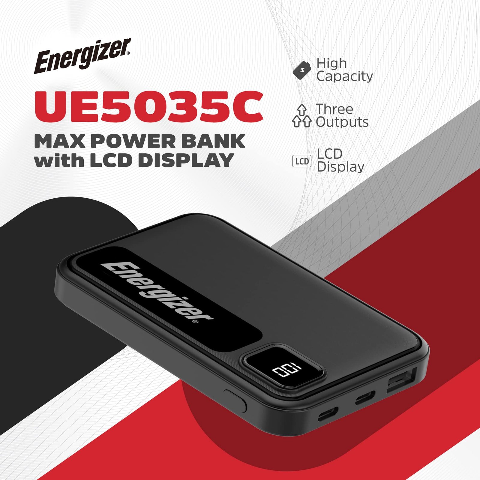 Energizer - MAX 5,000mAh 15W USB-C 3-Port Universal Portable Battery Charger/Power Bank w/ LCD screen for Smartphones & Accessories - Black - Image 2