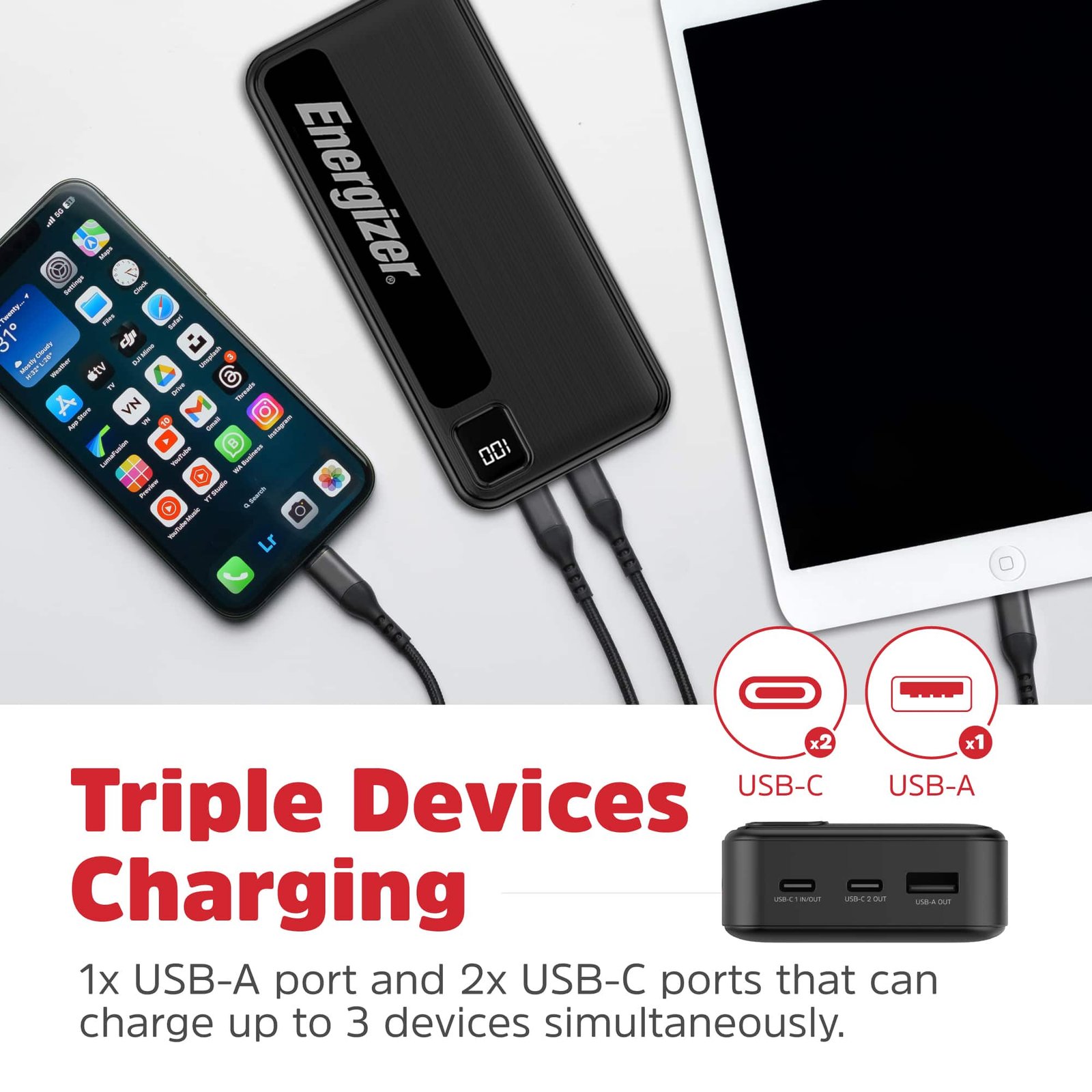 Energizer - MAX 20,000mAh 15W USB-C 3-Port Universal Portable Battery Charger/Power Bank w/ LCD screen for Smartphones & Accessories - Black - Image 3