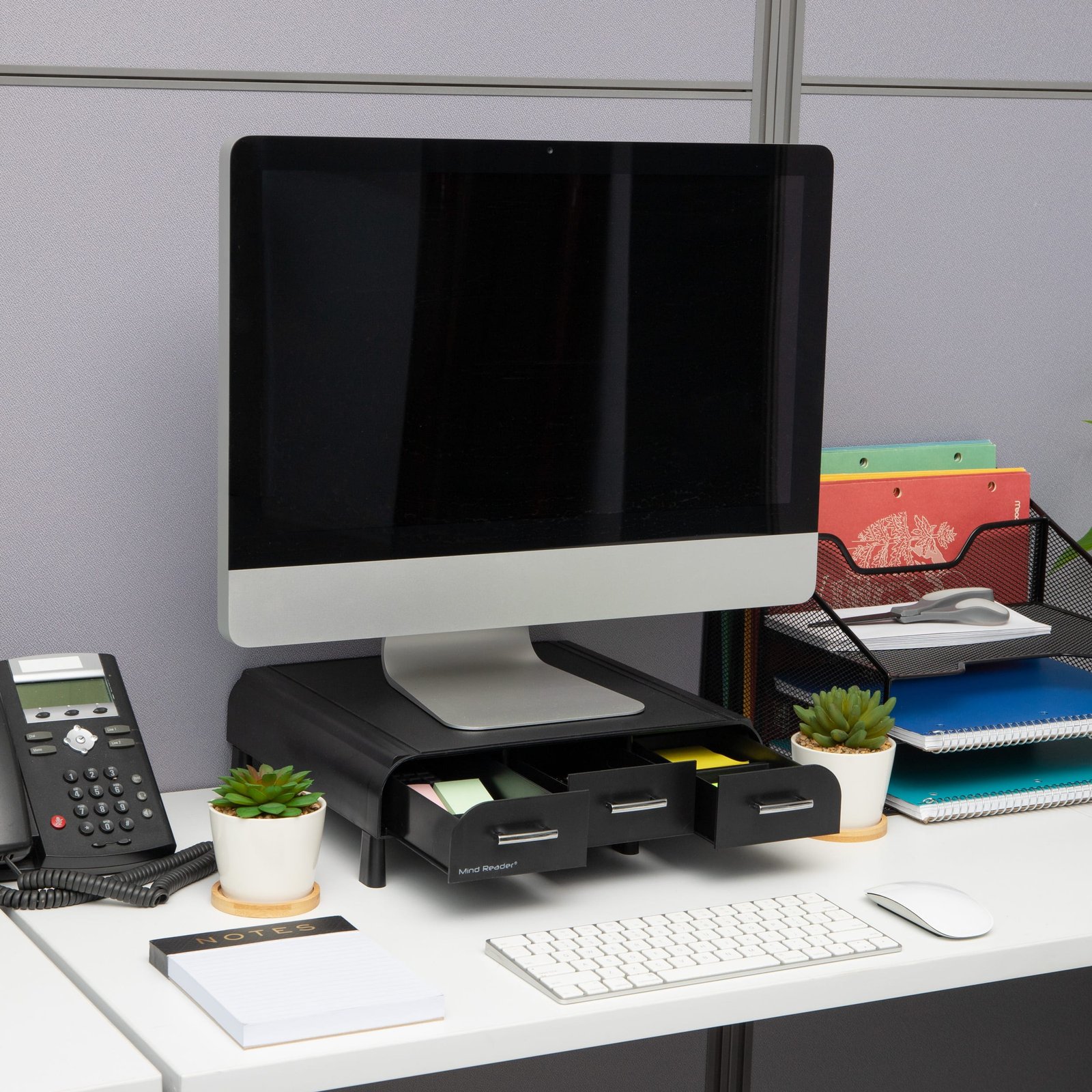 Mind Reader - Monitor Stand, Laptop Riser, Desktop Organizer, Storage Drawer, Office, Plastic, 13.5"L x 13"W x 4"H - Black - Image 2