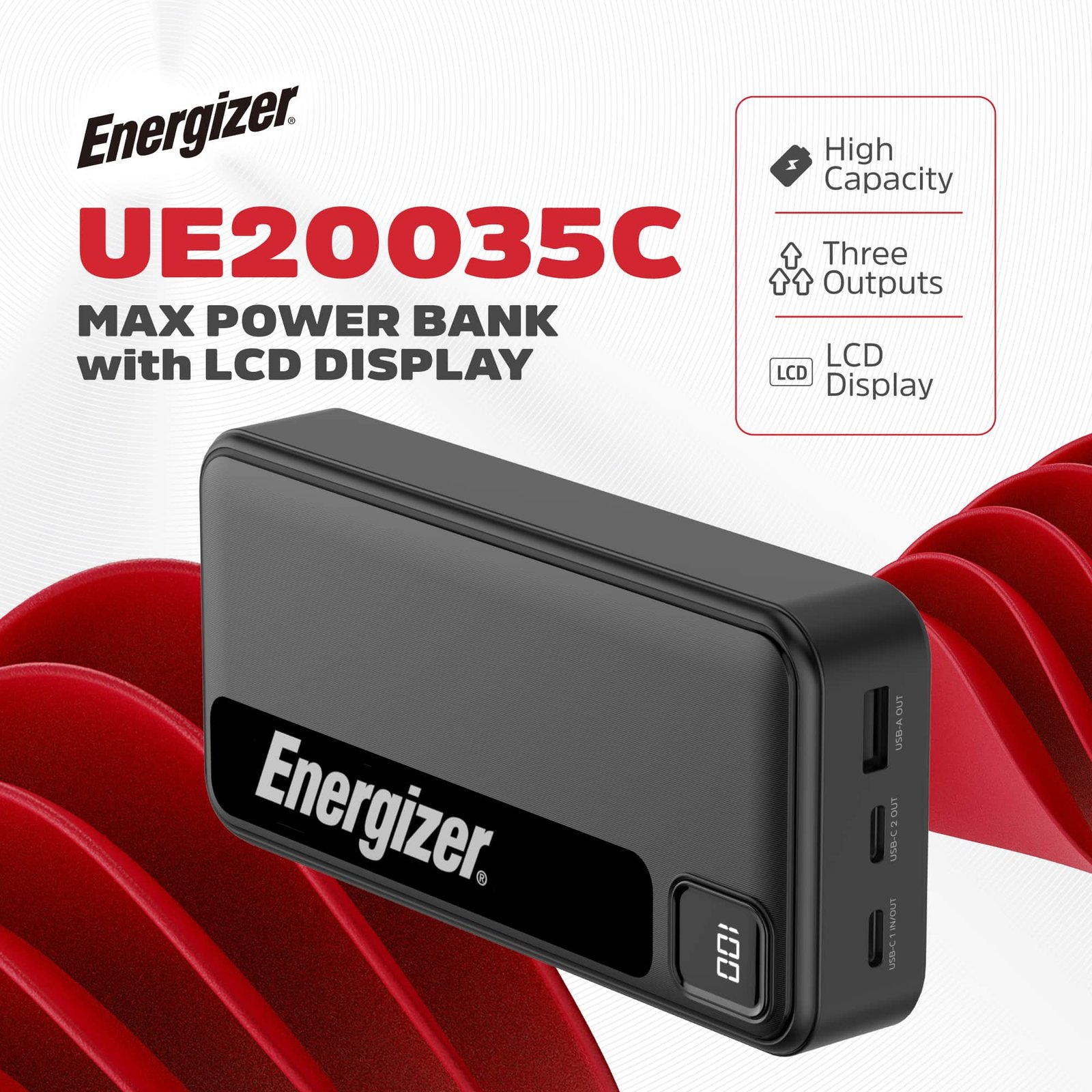 Energizer - MAX 20,000mAh 15W USB-C 3-Port Universal Portable Battery Charger/Power Bank w/ LCD screen for Smartphones & Accessories - Black - Image 2